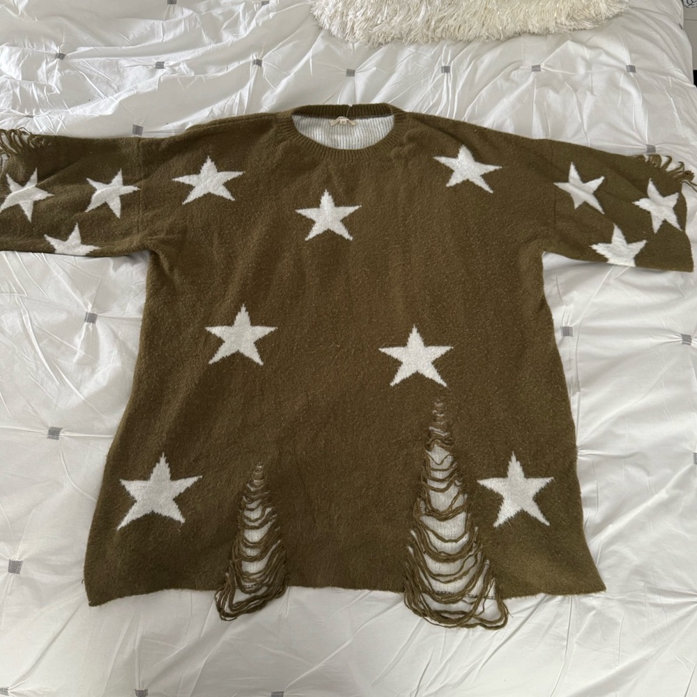 Easel Oversized Star Pattern Distressed Sweater Tunic - Size S/M